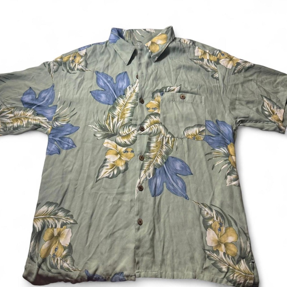 Workers For Freedom Men's‎ Green and Multi Hawaiian Shirt 100% Silk Short Sleeve